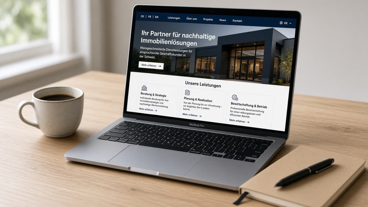 Laptop auf einem Schreibtisch mit einer Unternehmenswebsite