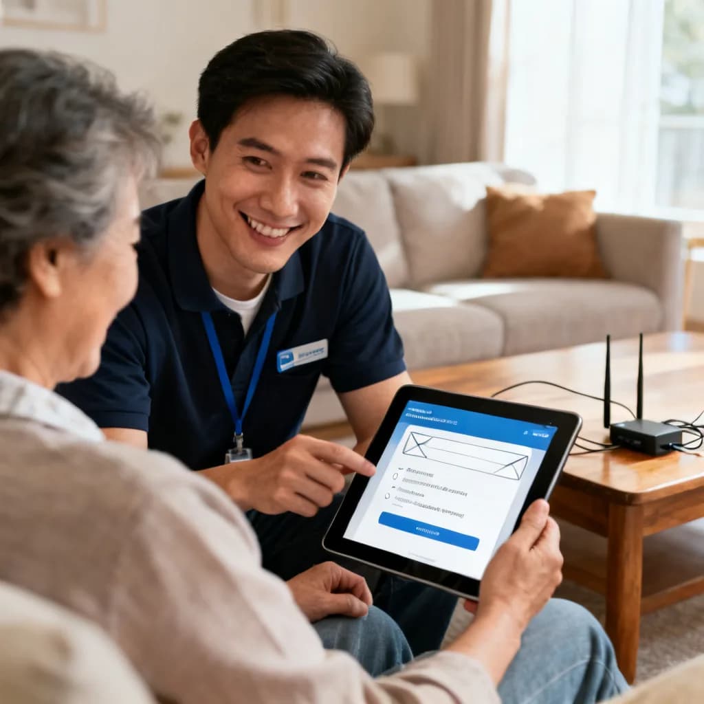 Techniker hilft Kundin mit Computer und WLAN zu Hause
